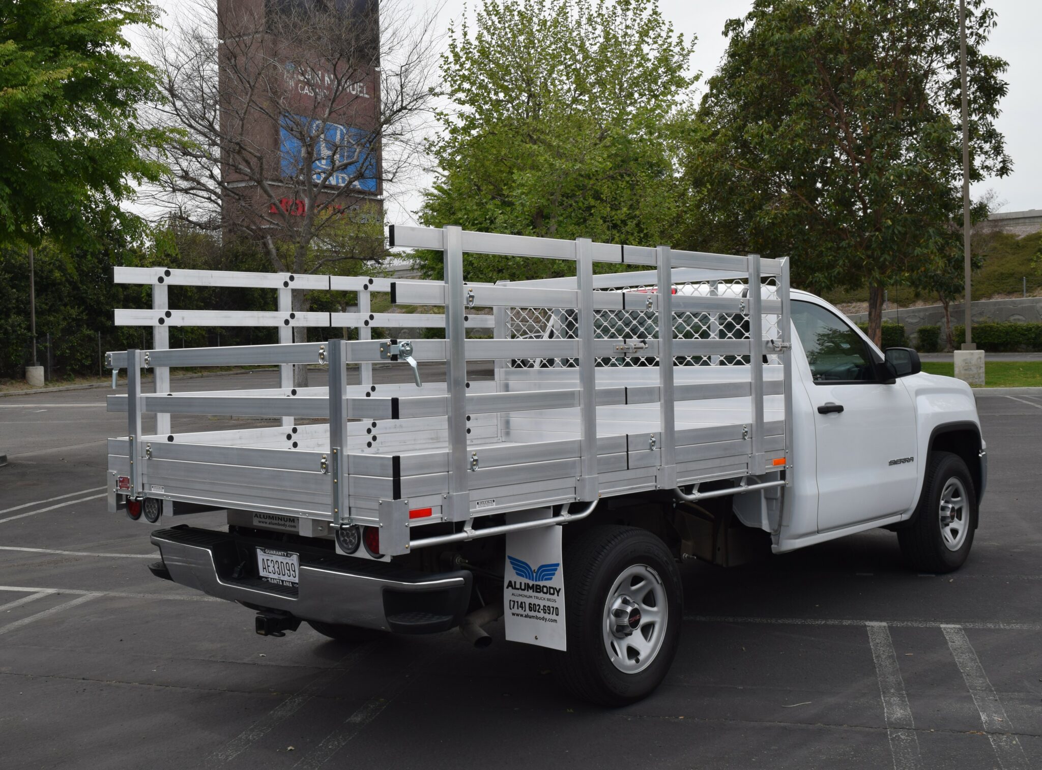 2018 Chevy 2500 66 X 9 Aluminum Stake Bed with 38 Lift Out Sides 22 Rear Fold Down Gates using the factory bumper.