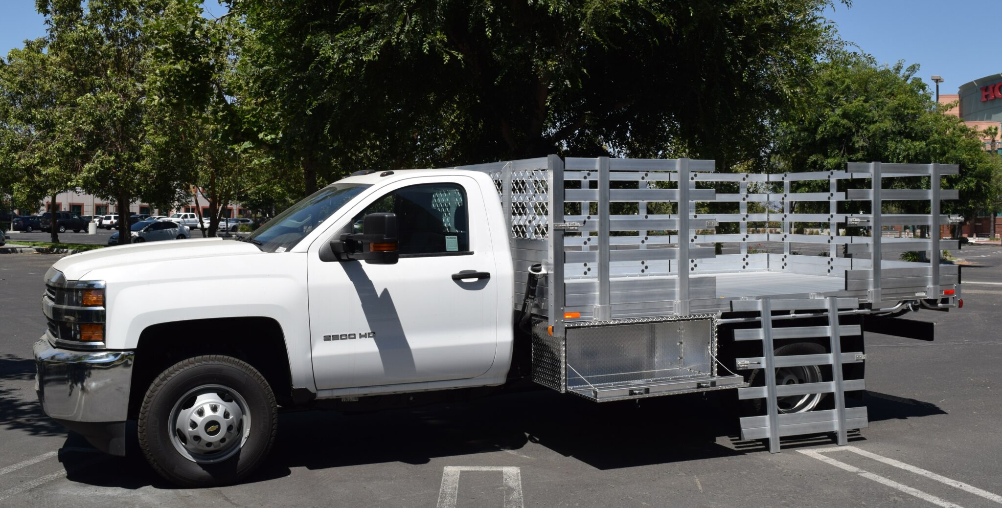 2018 Chevy Silverado3500 dual rear wheel 8 X 12 aluminum stake bed with 38 lift out stakes 2 under body tool boxes 18X18X36