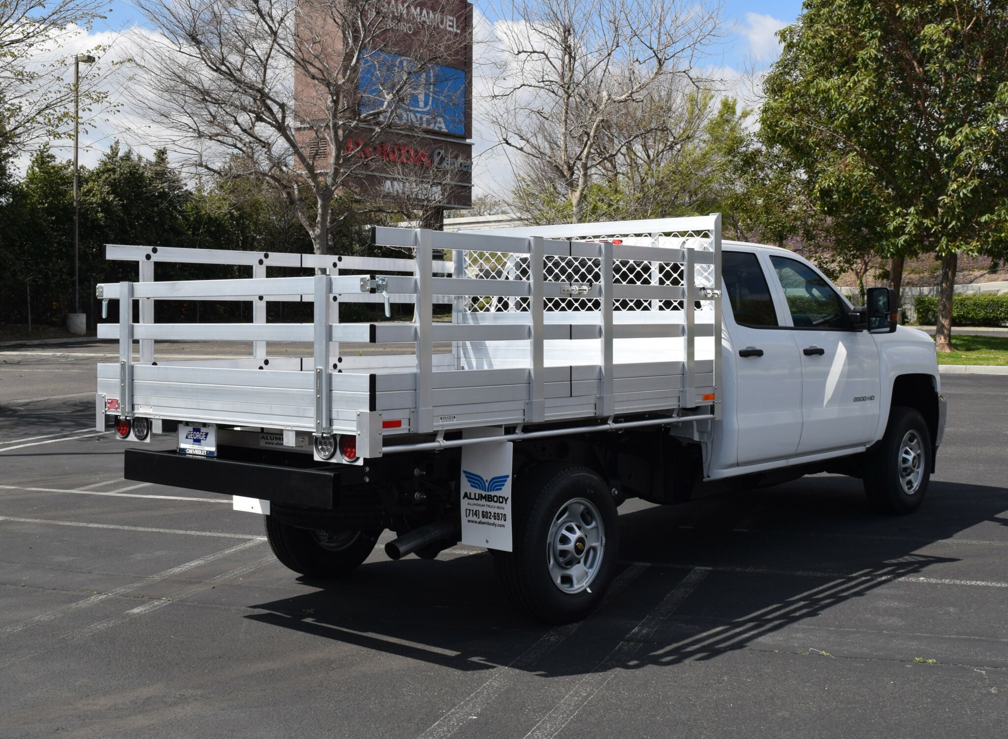 2019 Chevy Silverado 2500 66 X 9 Aluminum Stake Bed with 30 lift out sides 22 fold down rear using a dock bumper