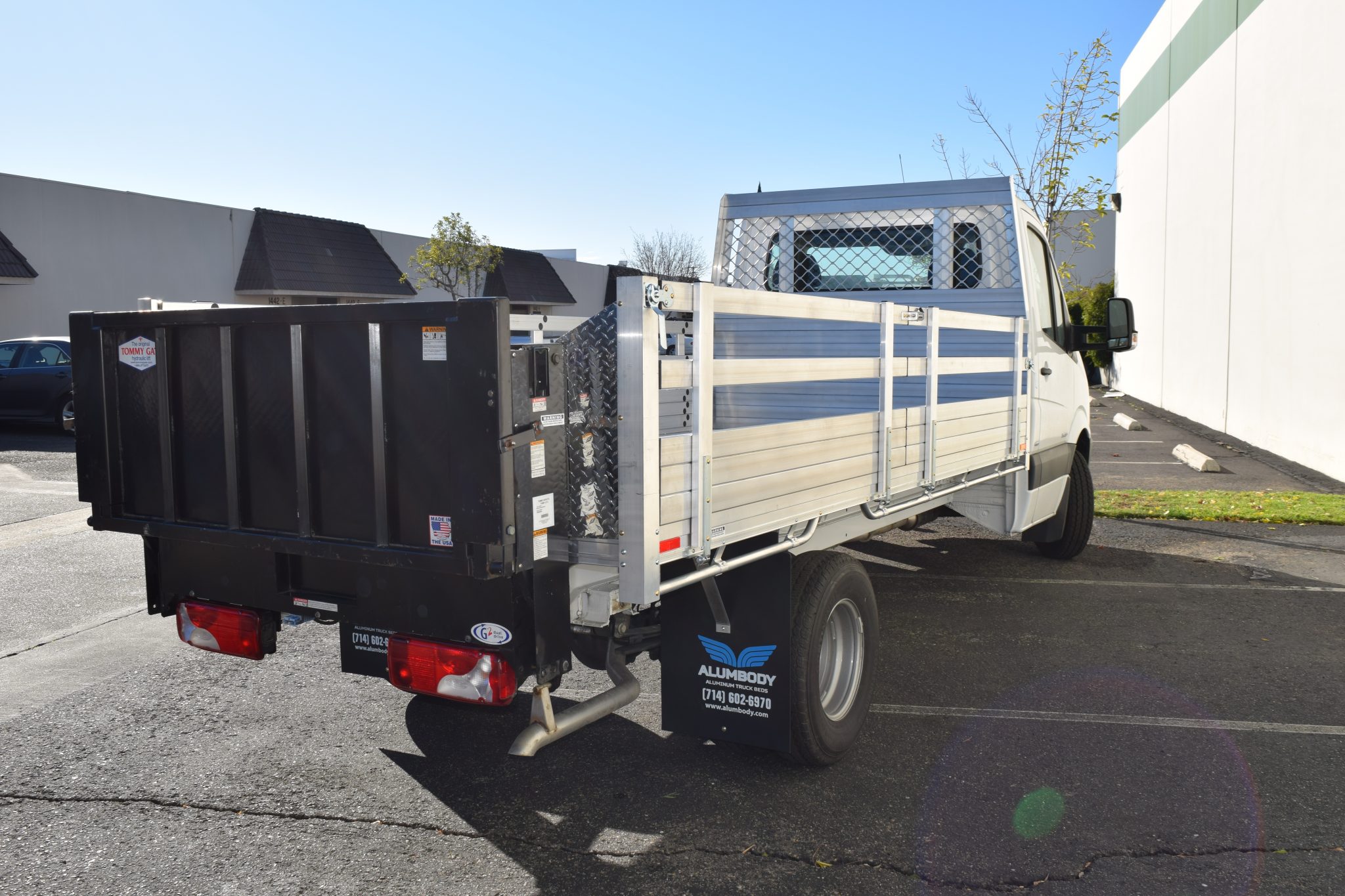 2014 Mercedes-Benz Sprinter 3500 Dual Rear Wheel with a 7' × 13'6" AlumBody aluminum flat bed with 25" fold-down gates and Tommygate lift gate