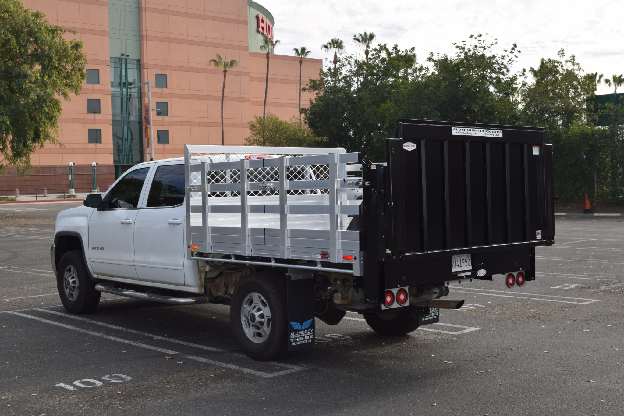 2018 GMC Sierra 2500 7×8 aluminum stake bed with 30" lift-out sides and lift gate in the rear