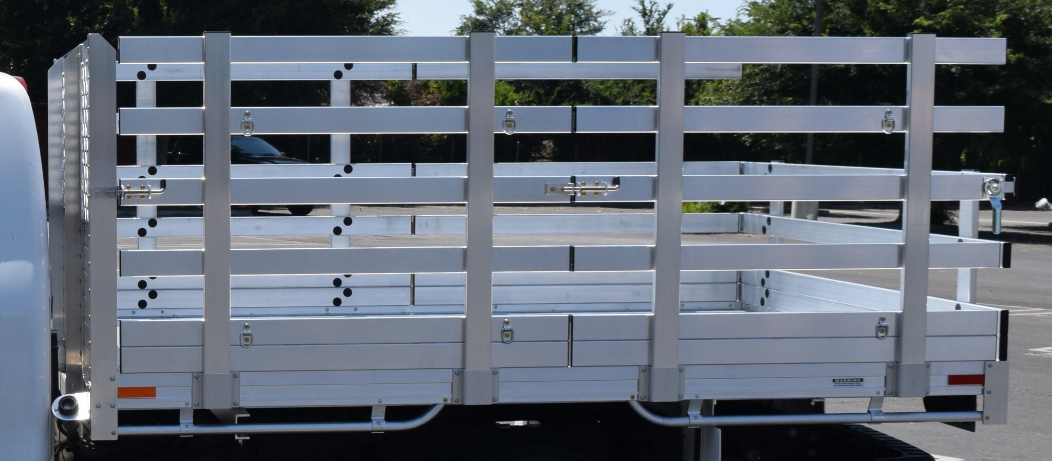 2018 GMC Sierra 1500 66×9 aluminum stake bed with 38" lift-out sides, 12" D-Ring and a 22" fold-down rear gate