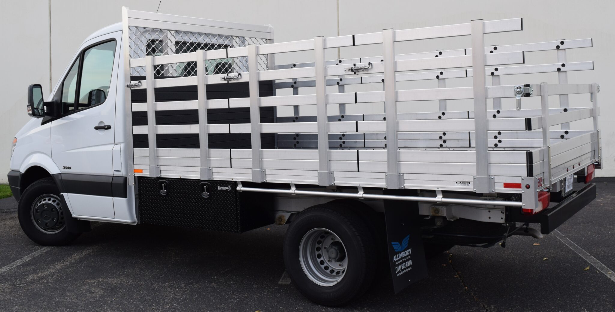 2013 Mercedes Benz Sprinter 3500 7'x12' aluminum flat bed with 38'' lift out sides 22'' fold down rear and black toolbox 18''x18''x48'' and dock bumper