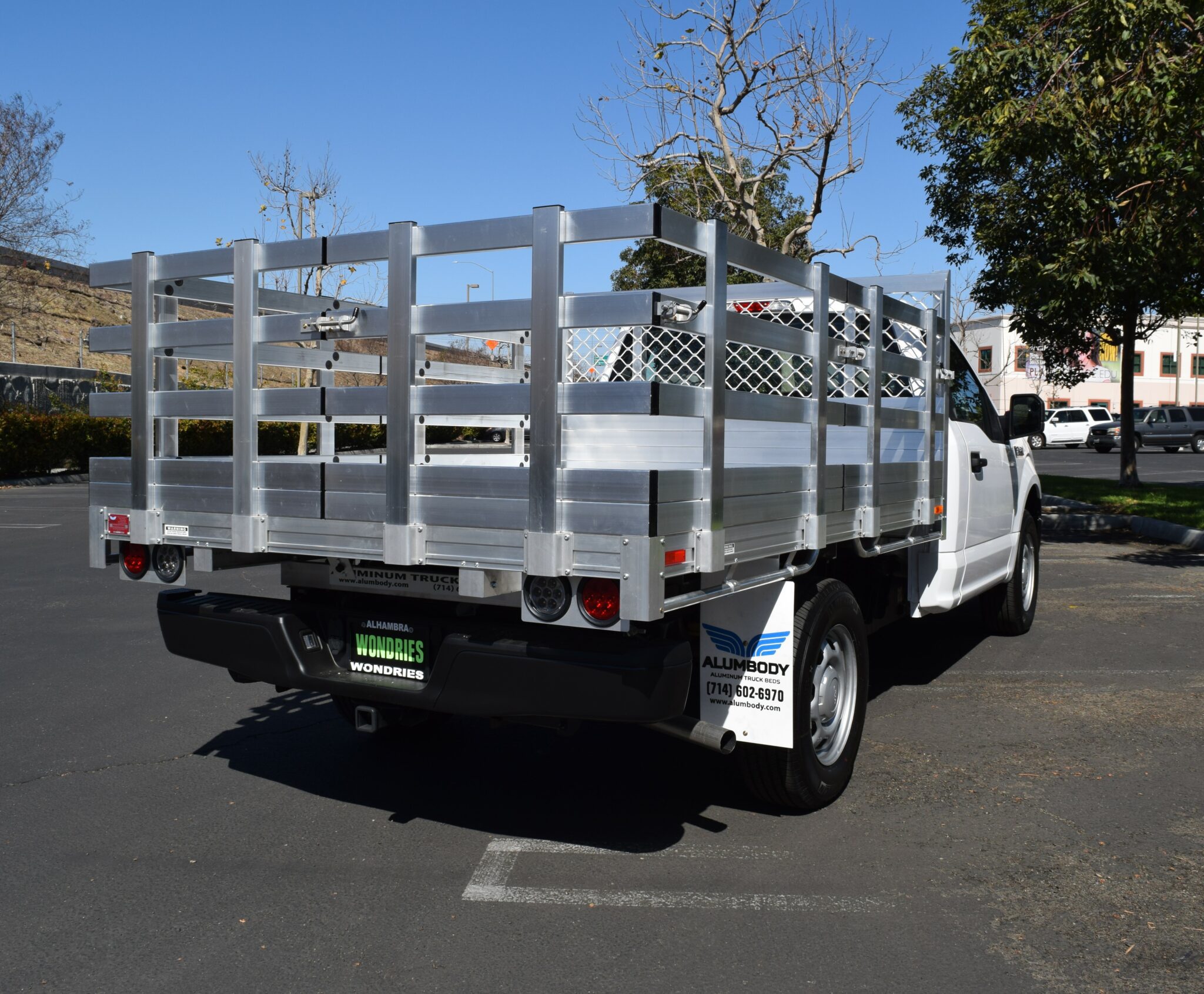 2018 Ford F150 66 X 9 Aluminum Stake Bed with 30 Lift Out Stakes using the Factory Bumper