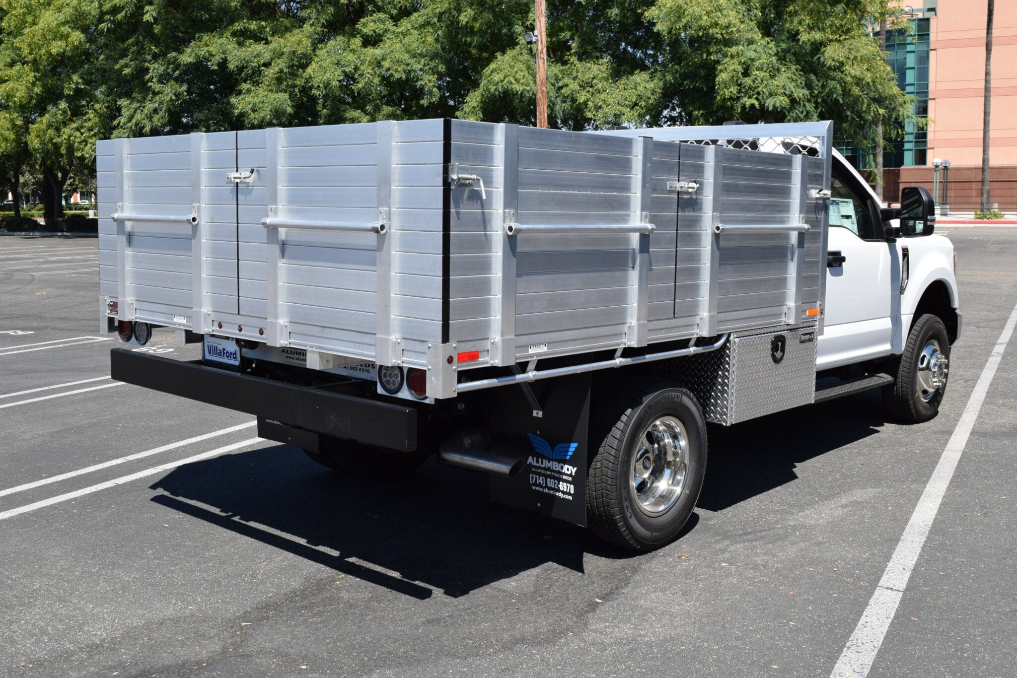 2020 Ford F350 8X96 aluminum flat bed with solid 30 lift out gates toolbox 18x18x36 and dock bumper