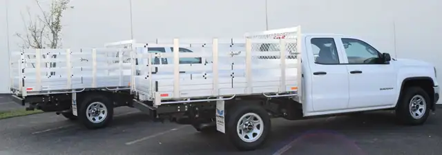 2016 GMC 1500's, with 6'6''x7'6'' aluminum bodies, 30'' lift out side gates, 22" fold down rear gates, using dock bumpers on both