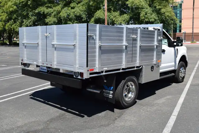 2020 Ford F350 8X96 aluminum flat bed with solid 30 lift out gates toolbox 18x18x36 and dock bumper